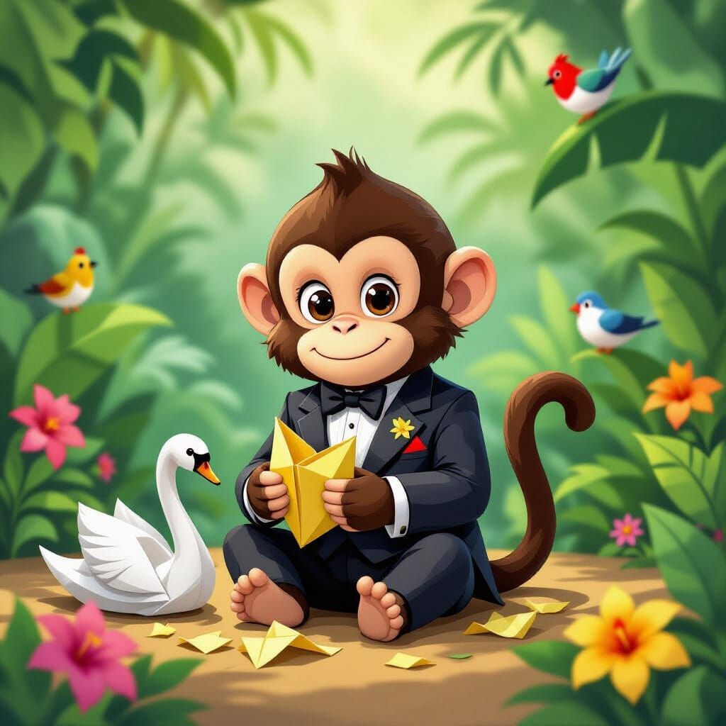 Monkey Crafts Origami in Jungle, Painterly Style