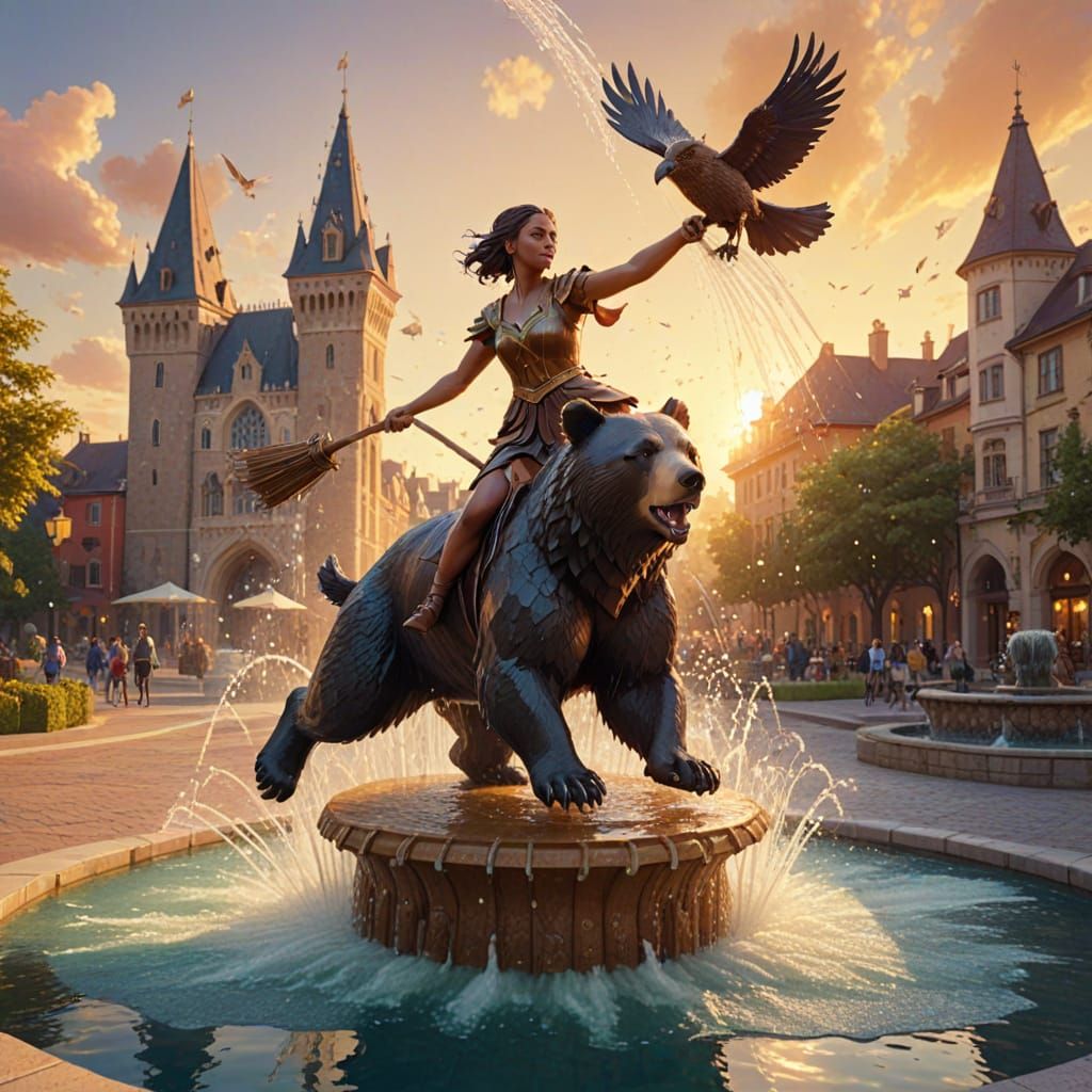 Young Woman on Broomstick Over City Fountain