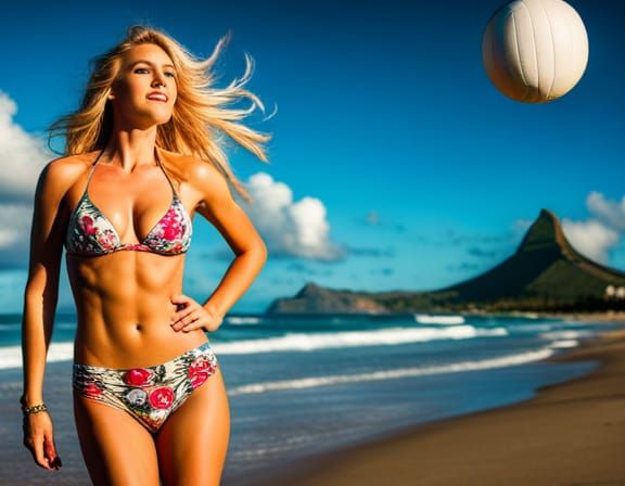 Blonde in Bikini on Waikiki Beach with UFO