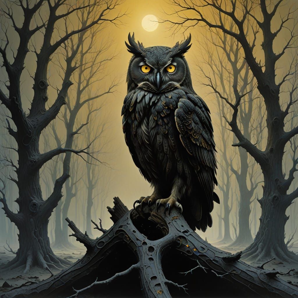 Surreal Owl Perched in Haunting, Moody Landscape