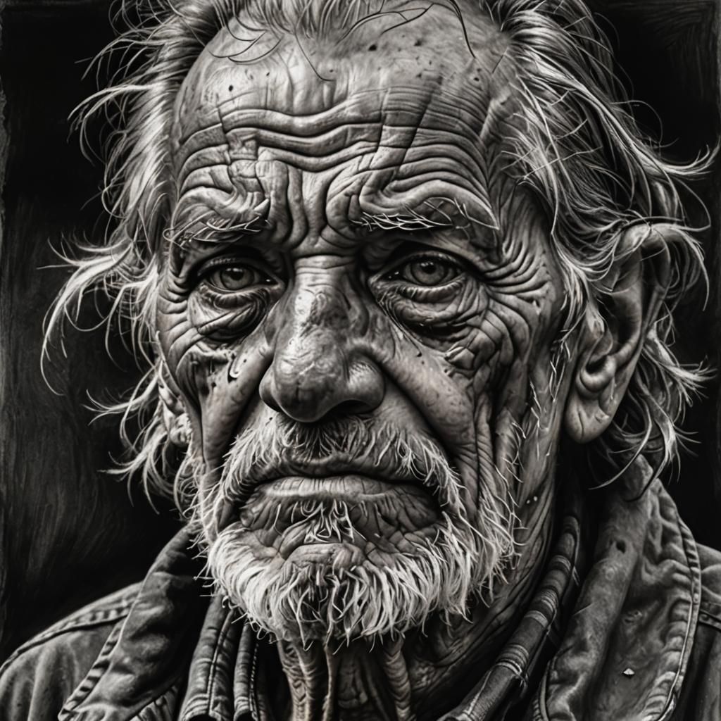 Monochromatic Charcoal Portrait of Elderly Man in Hyperreali...