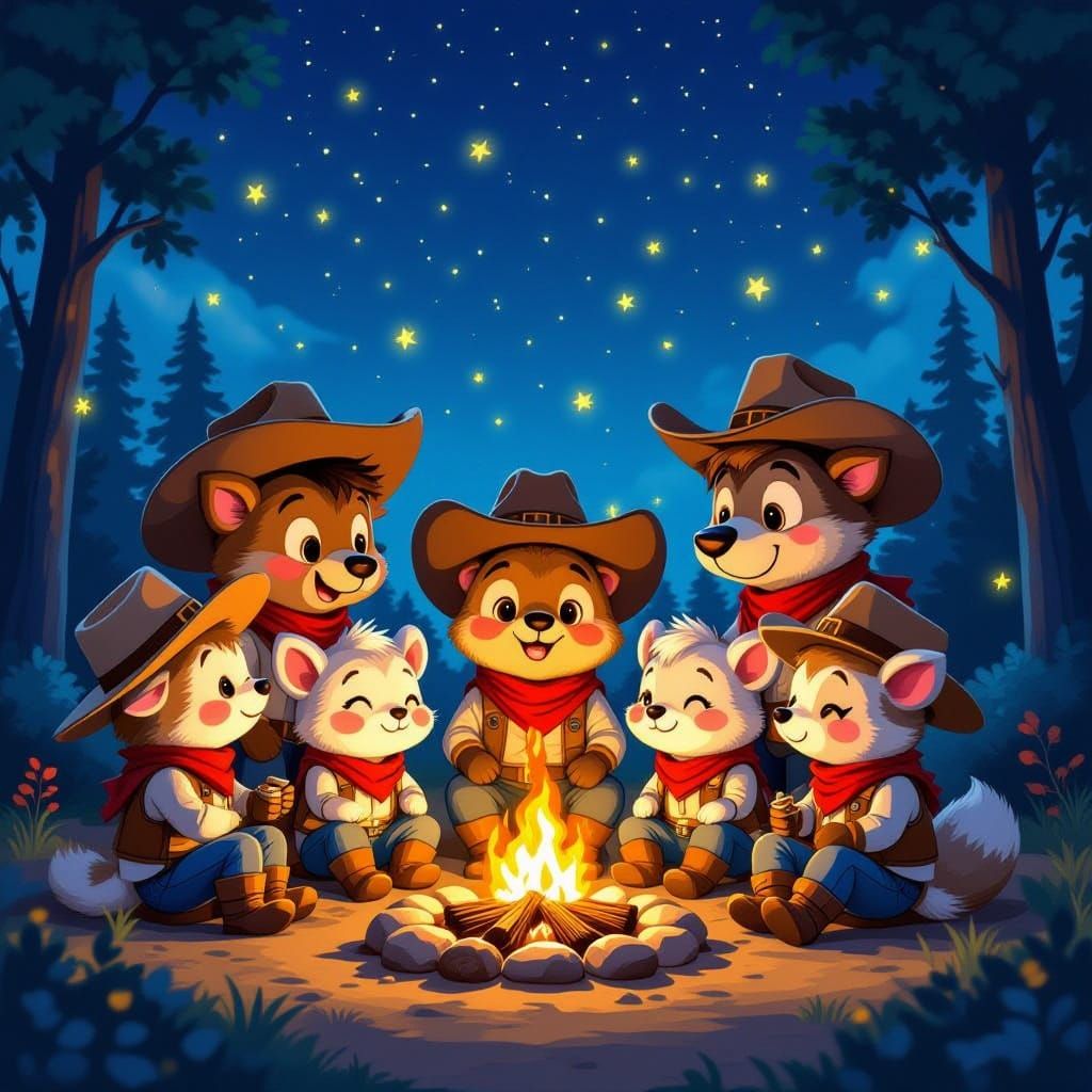 Woodland Cowboys Around Campfire Under Starry Sky