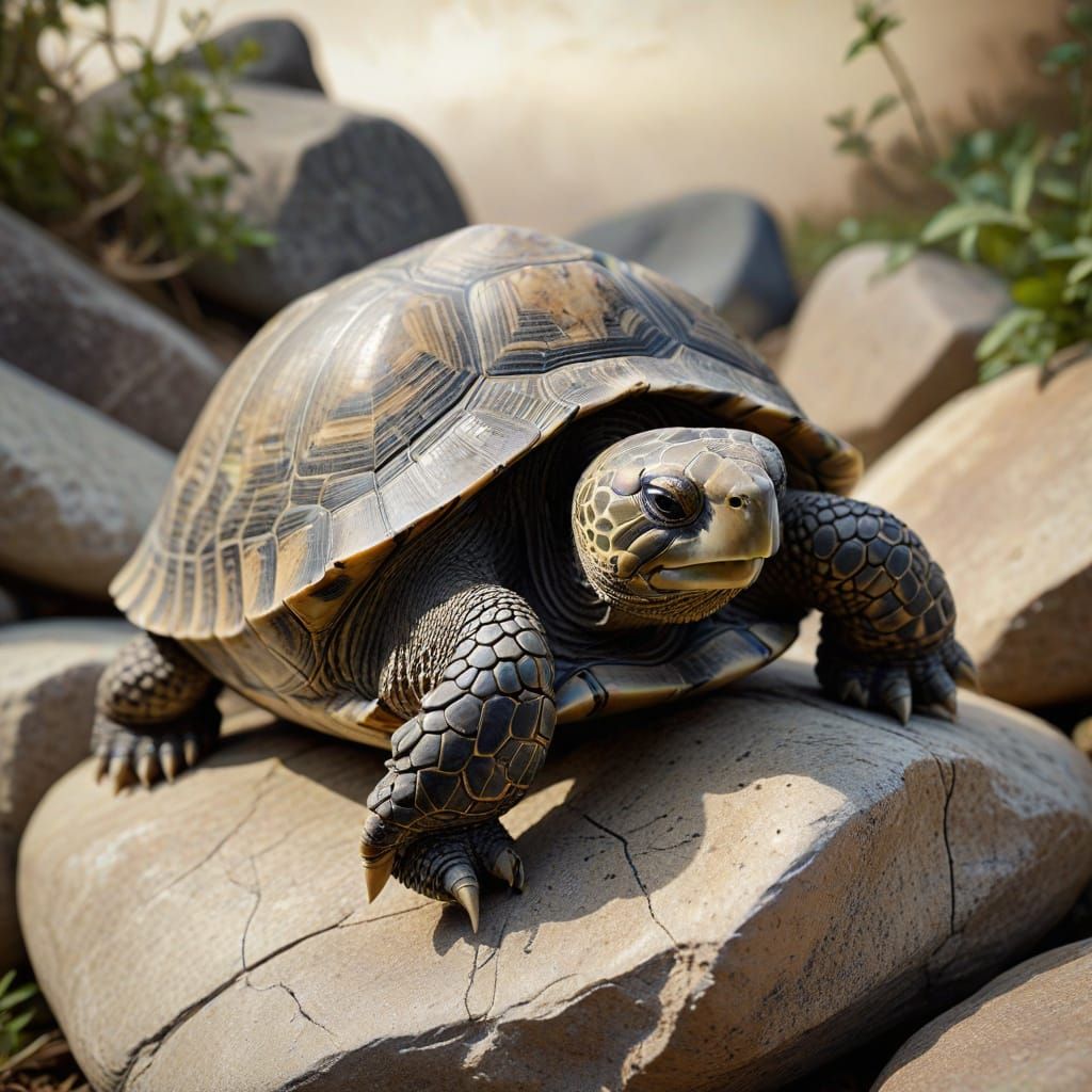 Scrimshaw Portrait of Tortoise on Rock