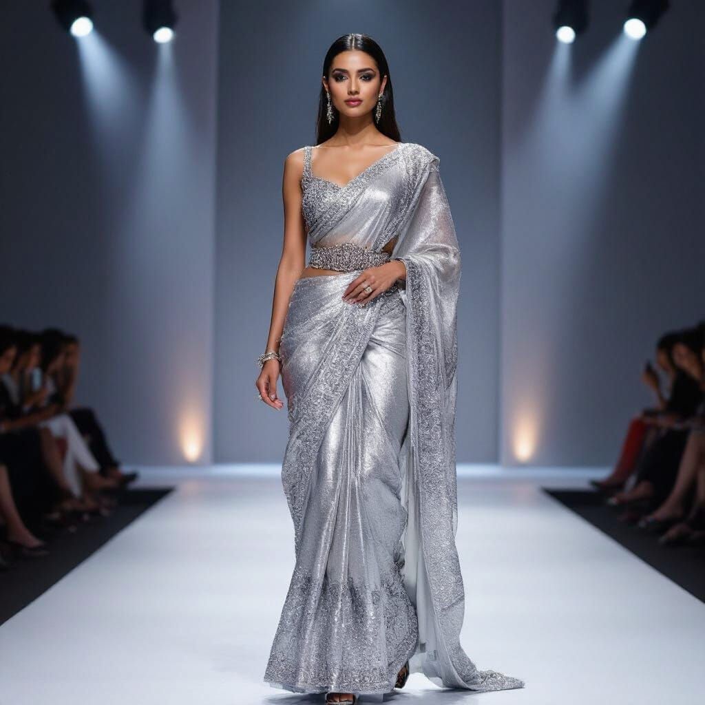 Pakistani Woman in Silver Saree on Runway