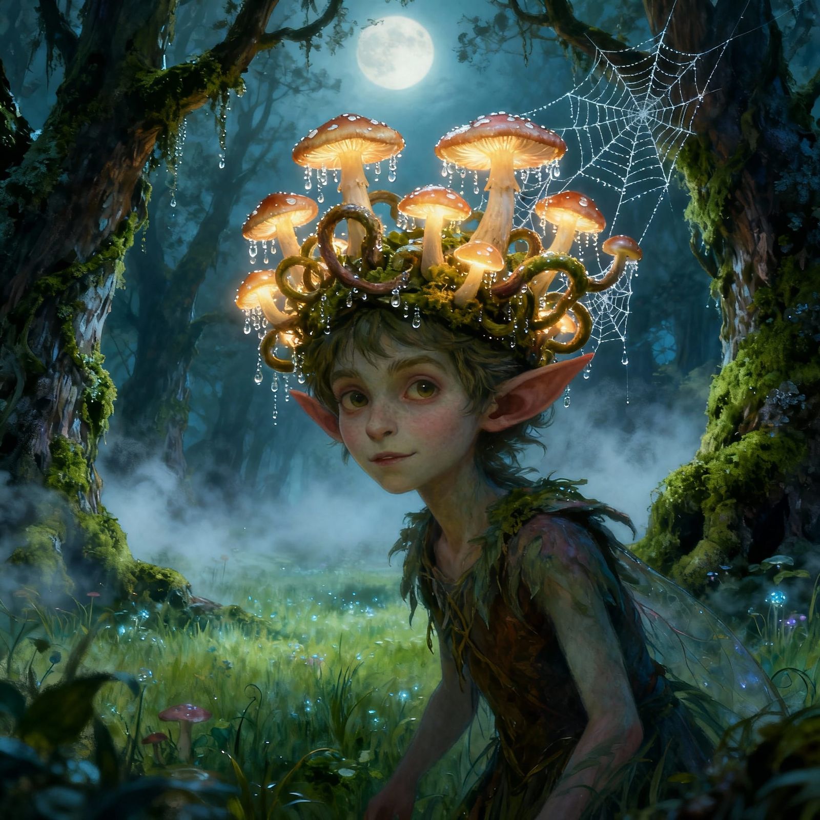 Whimsical Mushroom and Spiderweb Crown on Forest Sprite
