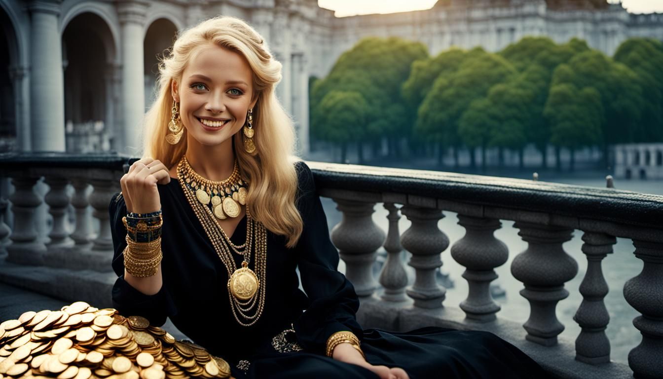 Smiling Blonde with Gold and Silver Coins