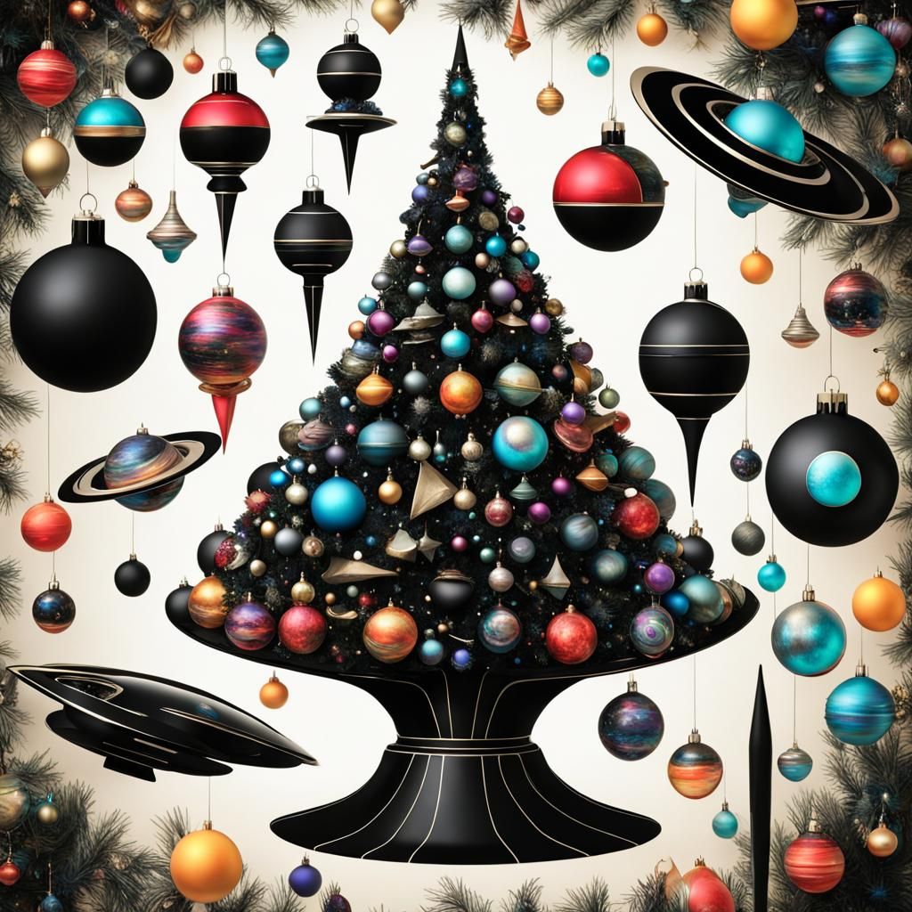 Futuristic Christmas Tree with Spaceship Ornaments