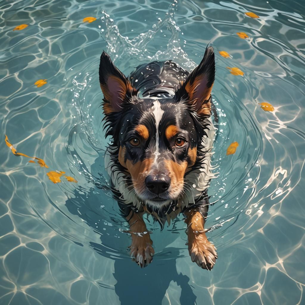 Dog Swimming: Hyperdetailed Portrait in Dynamic Lighting