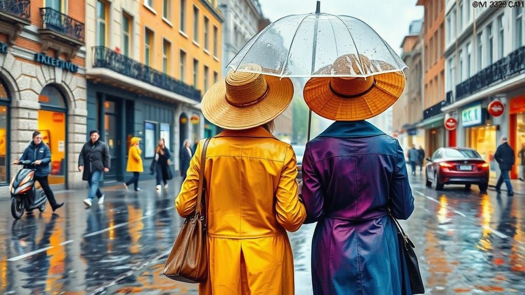 Rainy Stroll: Impressionistic Street Scene in Oil