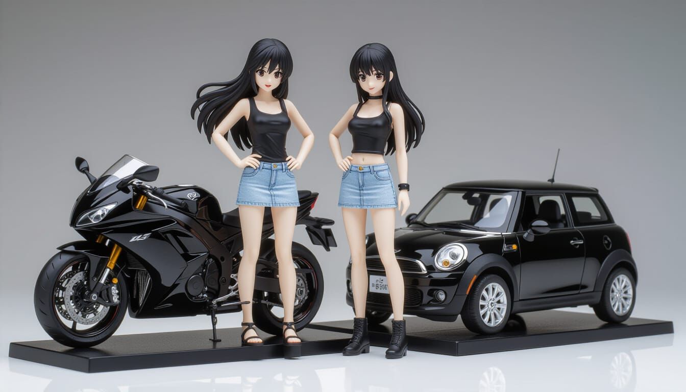 Anime Bishoujo Figures with Motorcycle and Car in 3D Art