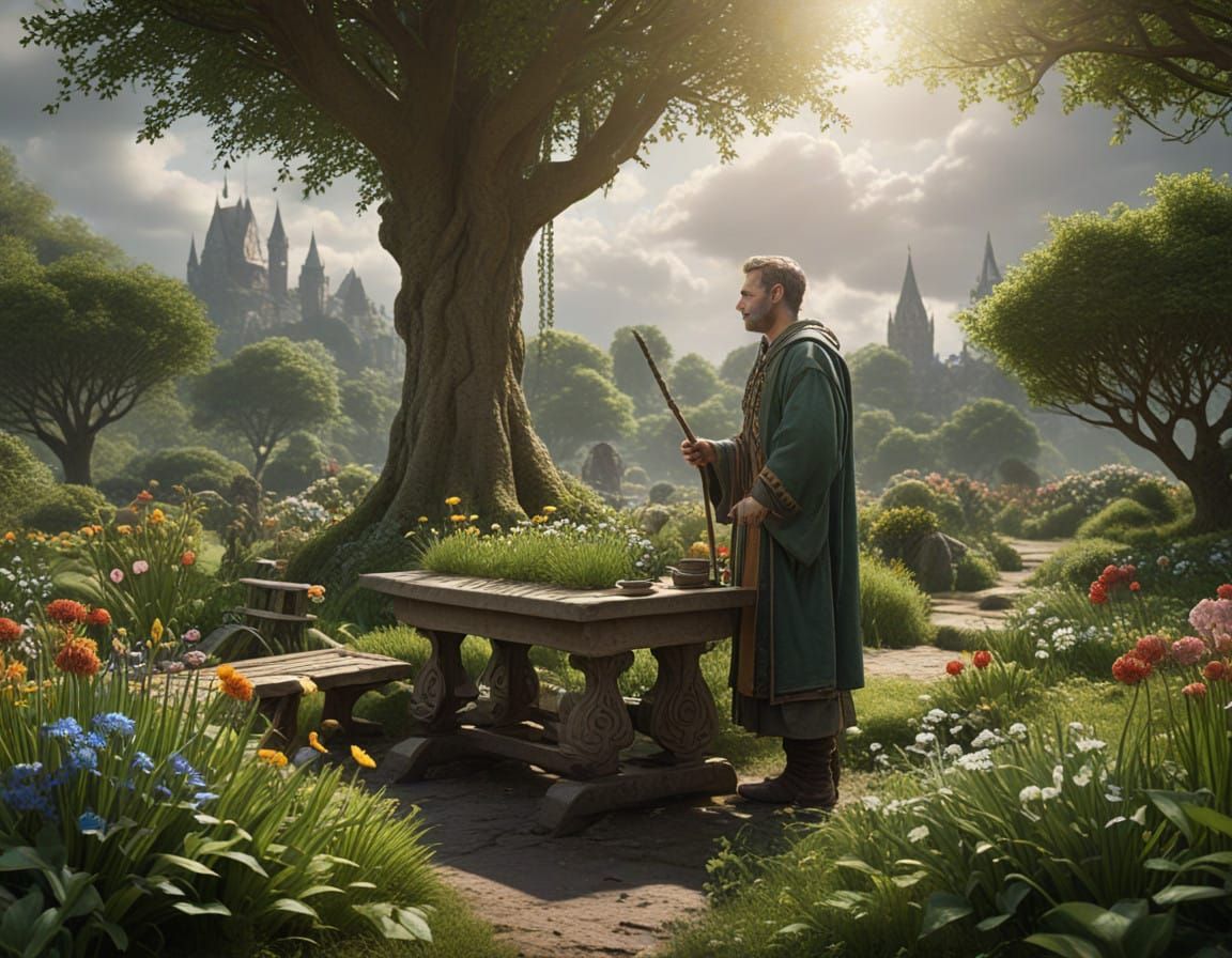 Celtic Druid in Vibrant Spring Garden Scene