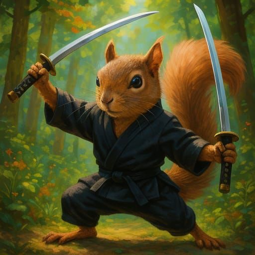 Squirrel Wielding Katanas in Forest Concept Art