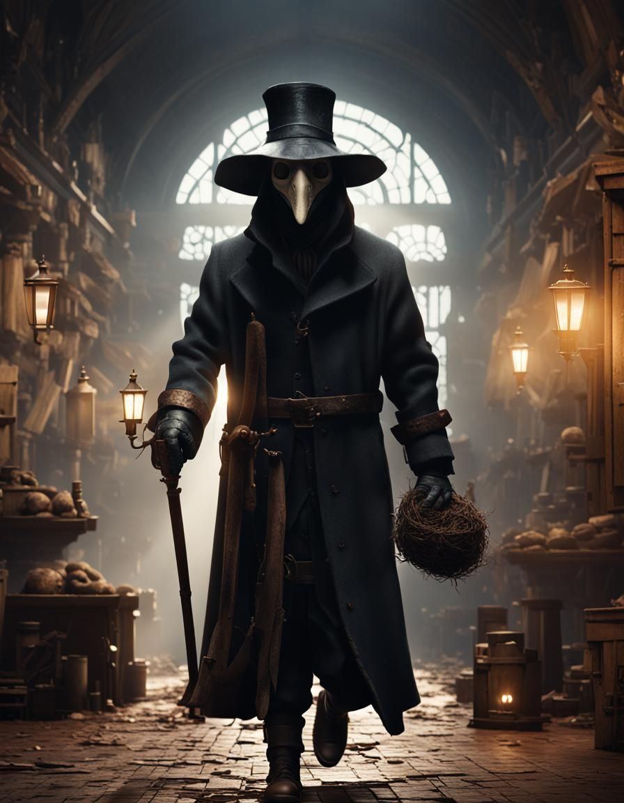 Detailed Photorealistic Plague Doctor with Volumetric Lighti...
