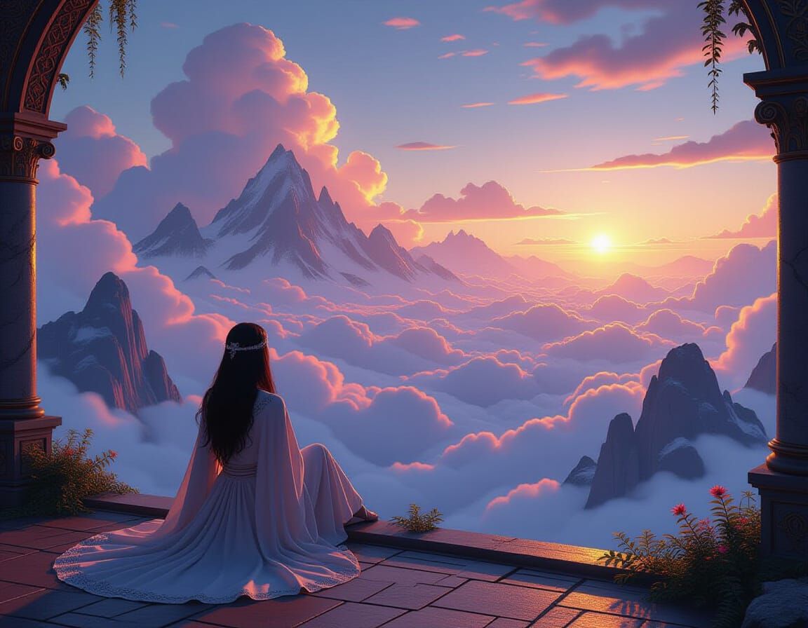 Woman on Mountaintop Above Clouds, Maximalist Fantasy Art