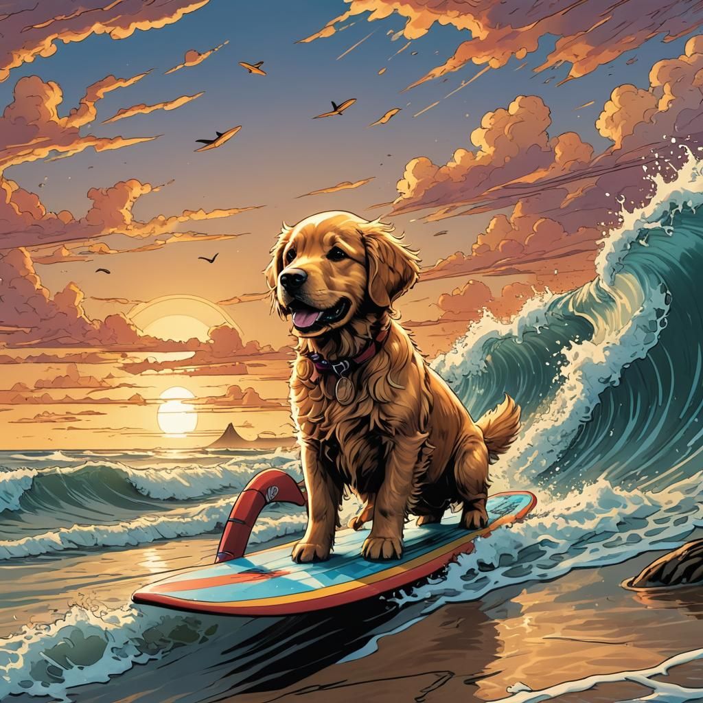 Golden Retriever Puppy Surfing at Sunset in Comic Book Art