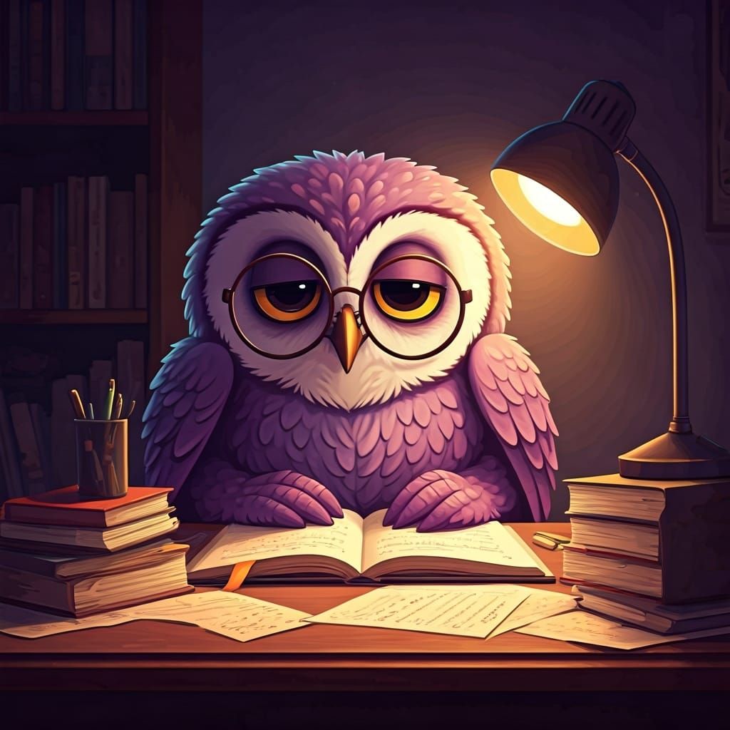 Purple Owl at Cluttered Desk: Digital Illustration