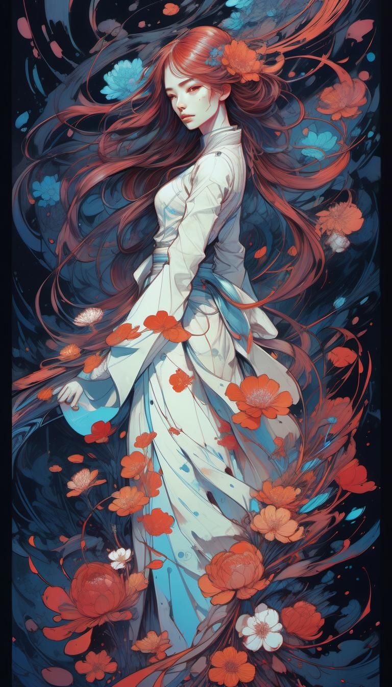 Anime Flower Girl Illustration in Gouache Style