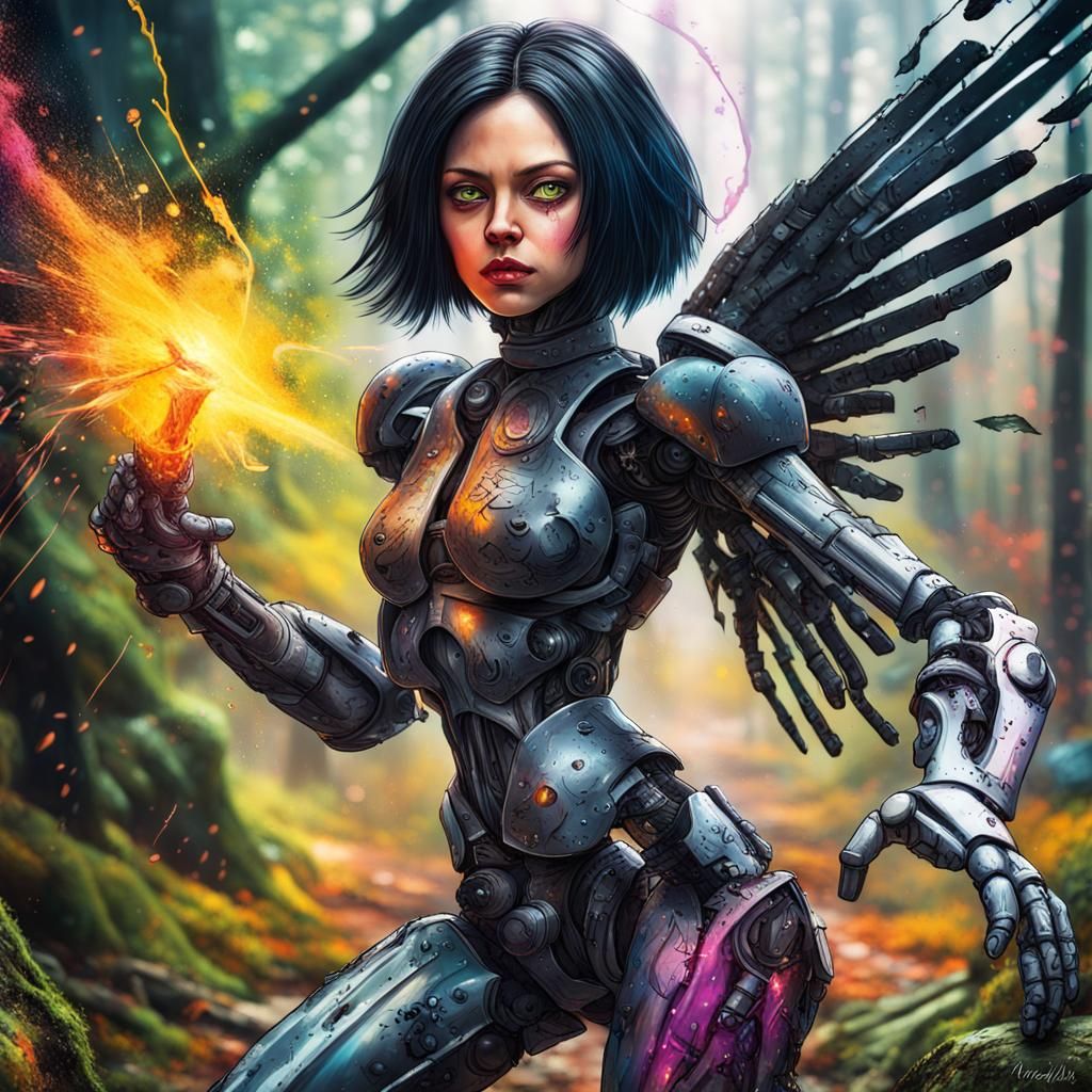 Battle Angel Witch Robot in Graffiti Art Style