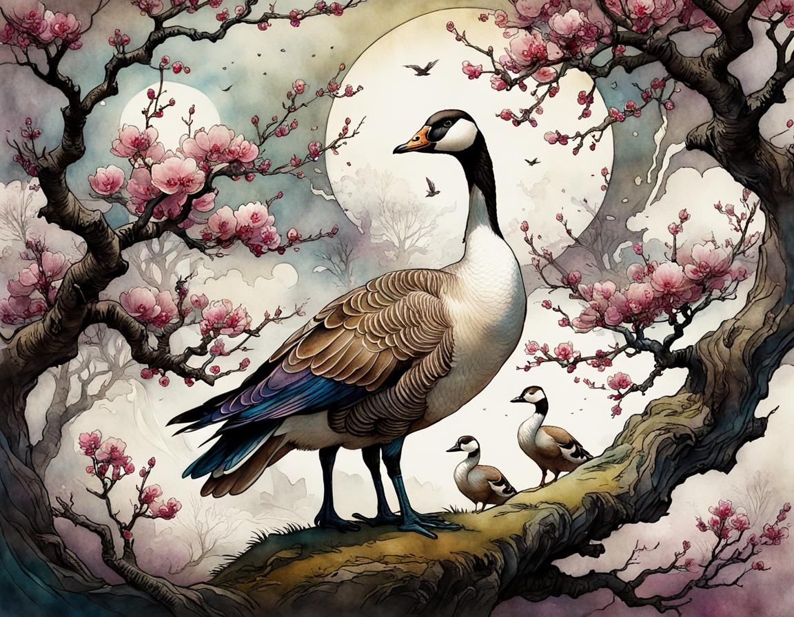 Girl and Goose Under Plum Tree Watercolor