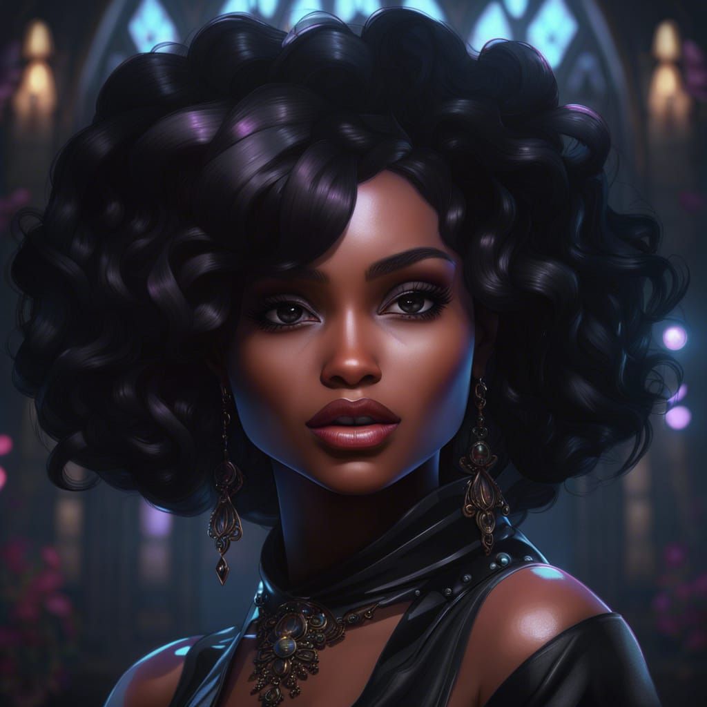 Gothic Black Barbie Portrait in Art Nouveau Style