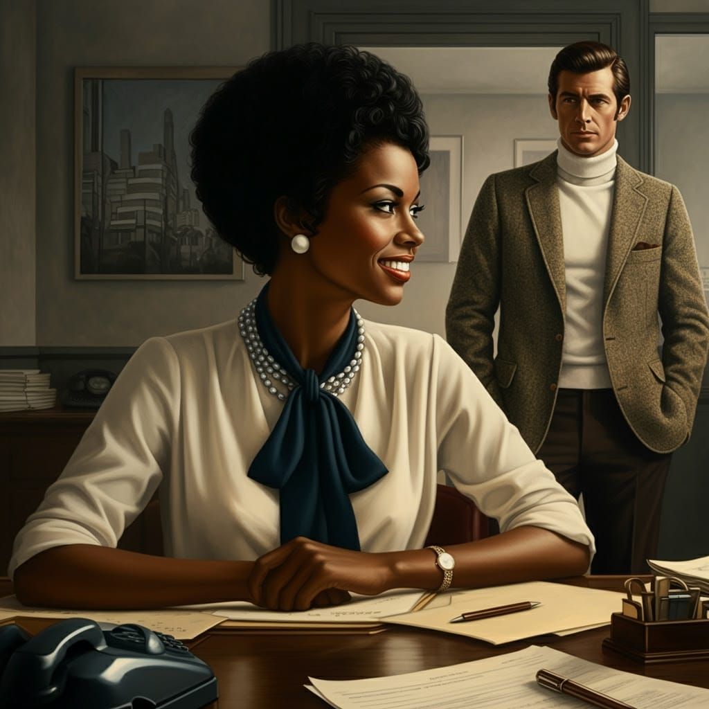 Realistic Oil Painting of Woman at Desk, 1970s