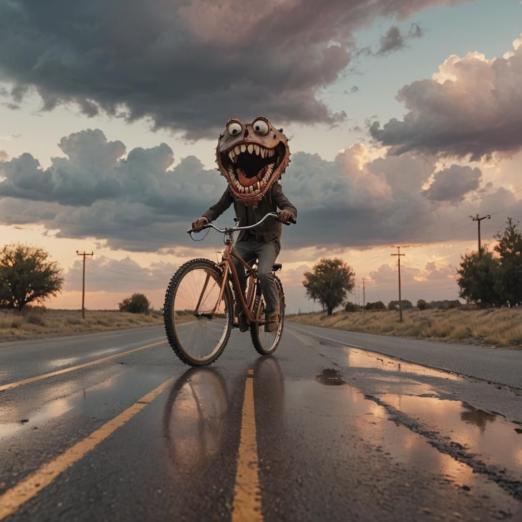 Whimsical Creature Rides Bicycle, Cinematic Still