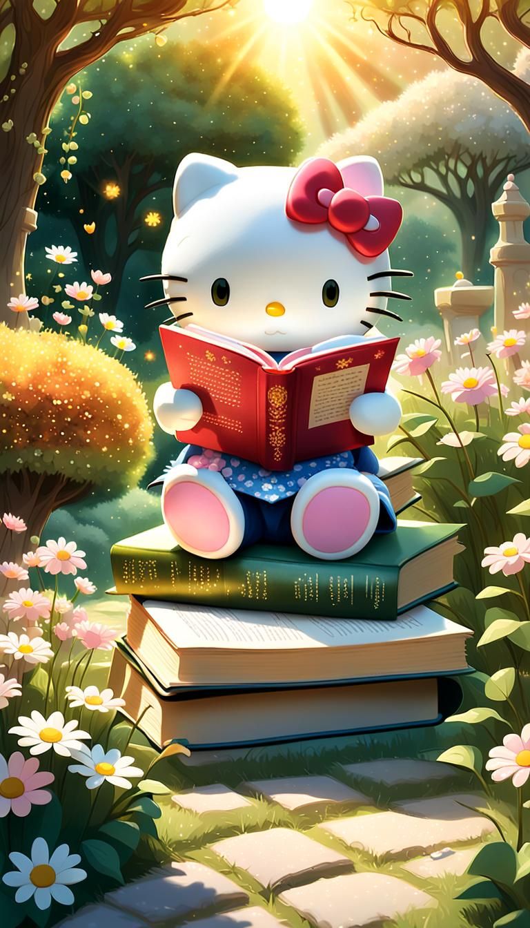 Hello Kitty Reads in a Whimsical Garden