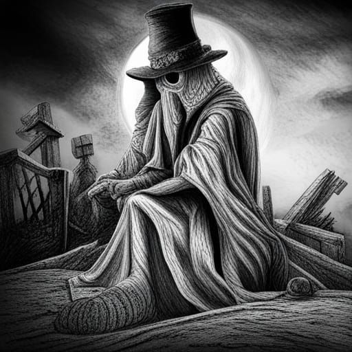 Hyperdetailed Charcoal Drawing of Plague Doctor