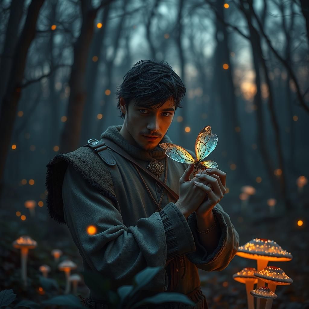 Man Embracing Glowbug in Enchanted Forest Concept Art