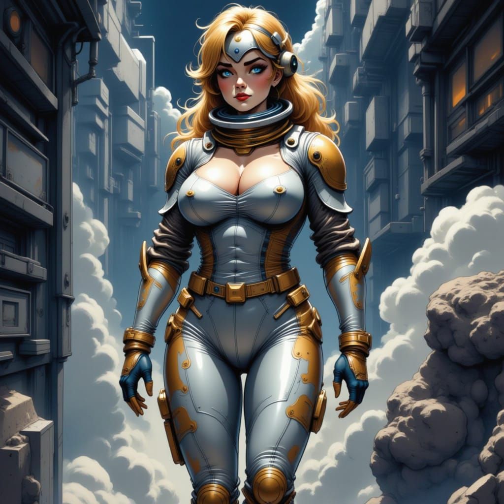 A beautiful woman in a figure-hugging silver and gold spaces...