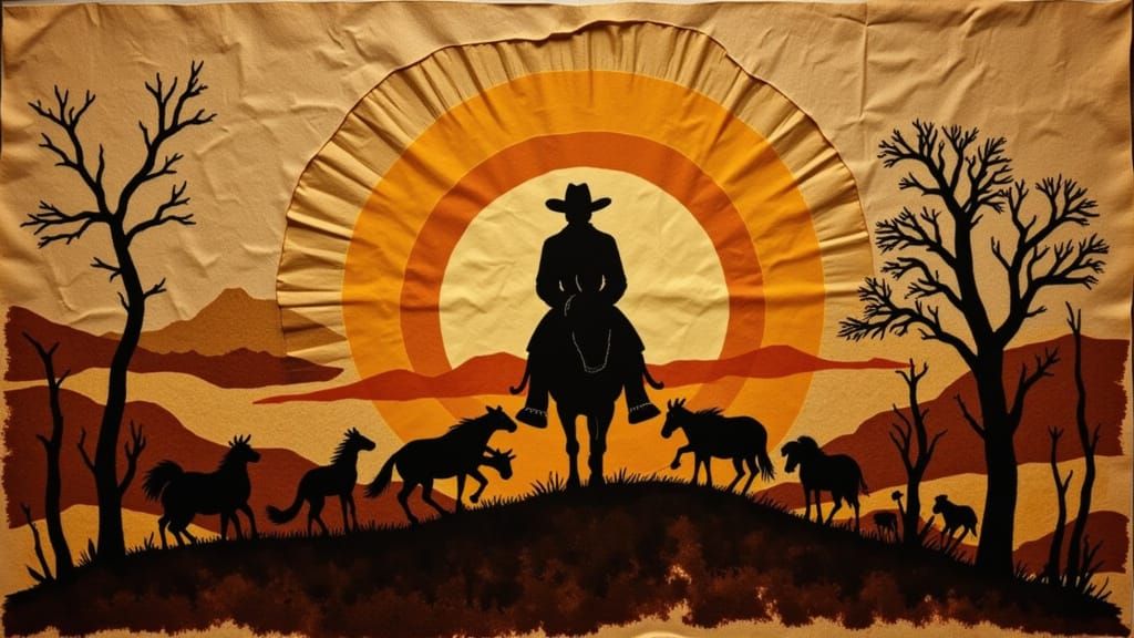 Cowboy Silhouette Sunset in Coffee Stained Collage