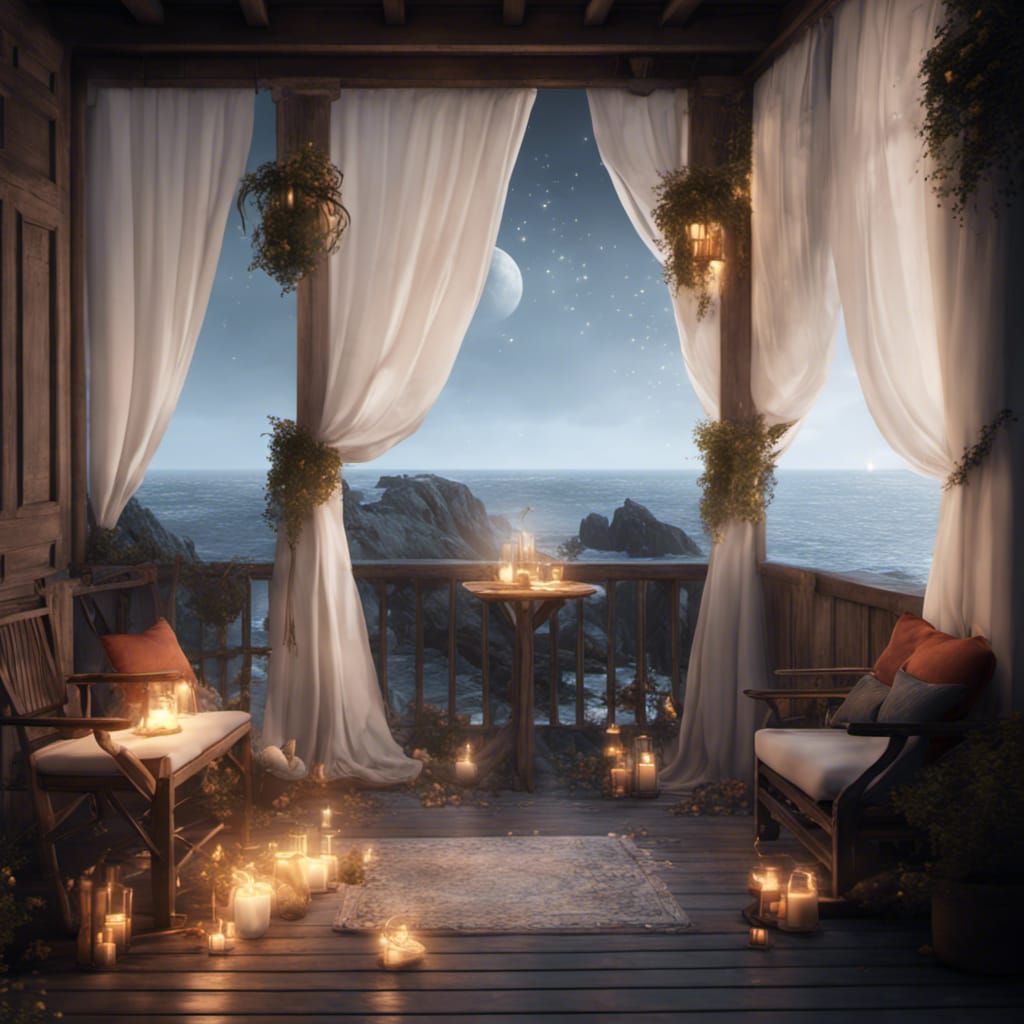 Starry Seaside Cliff Porch with Windy Curtains