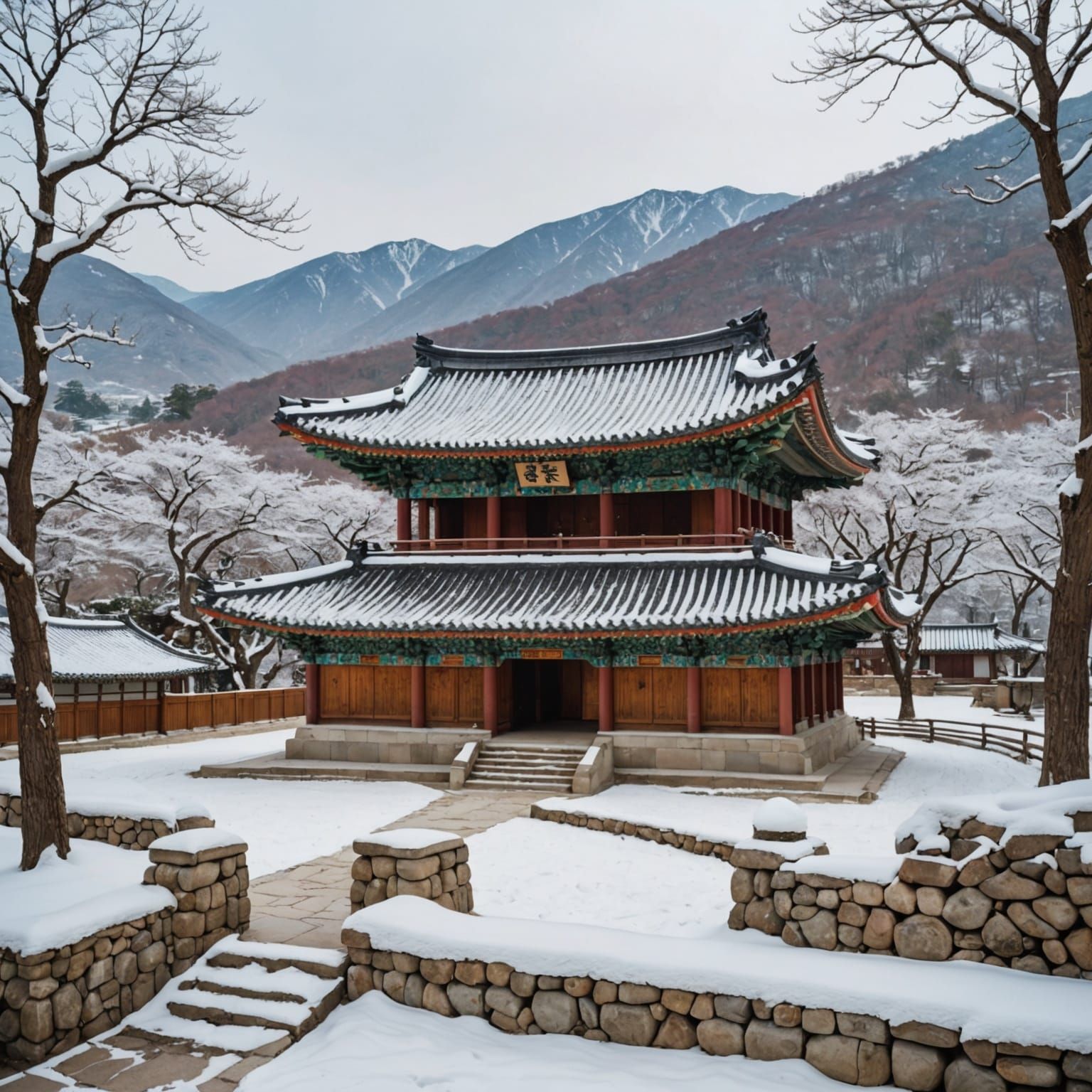Korean Temple in Winter Landscape