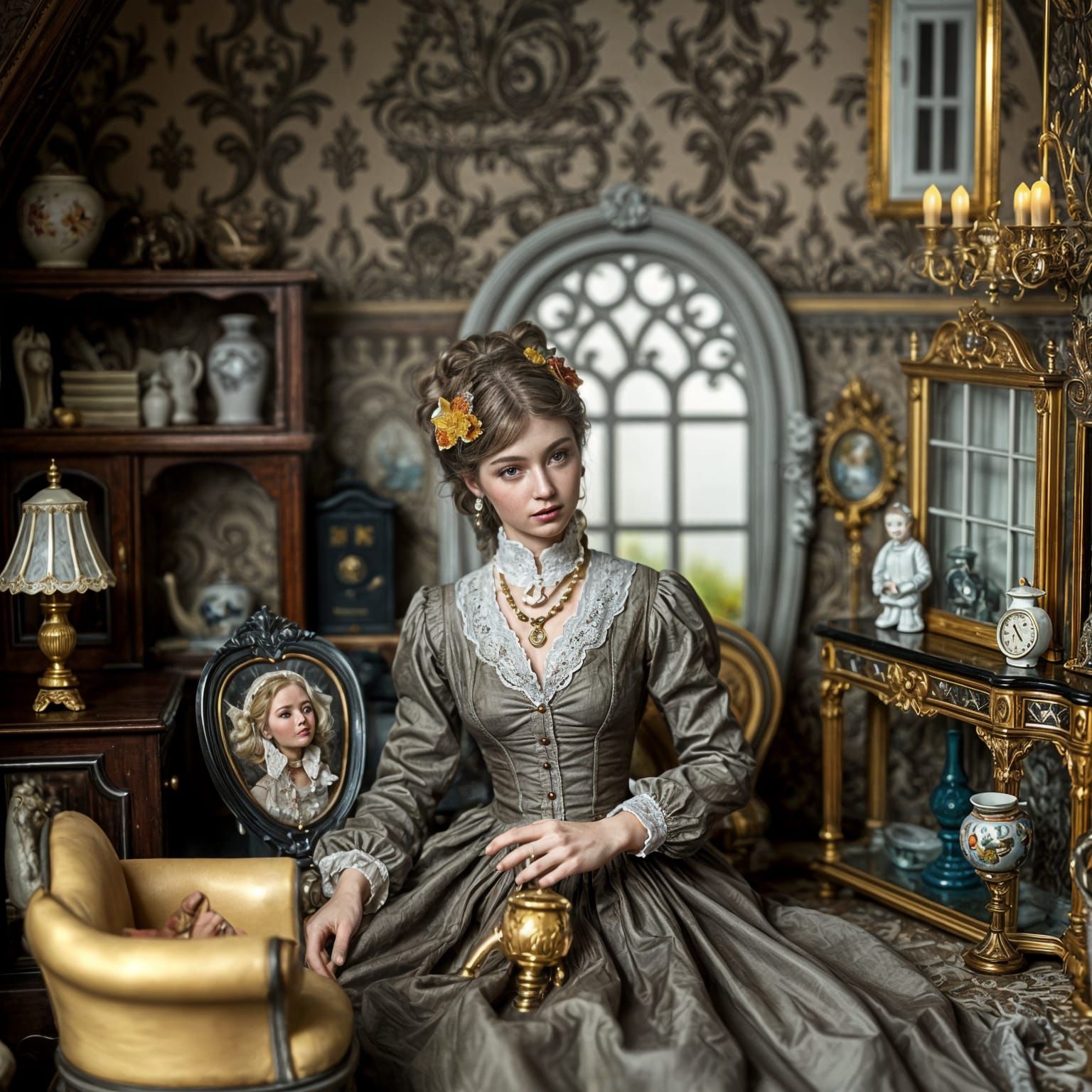 Elegant Lady in Miniature Mansion