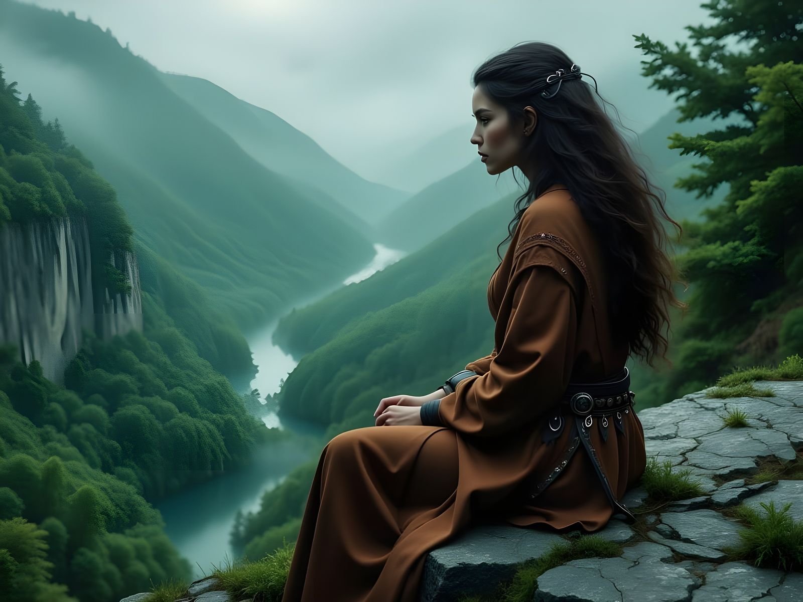 Norse Goddess Contemplating Midnight Valley