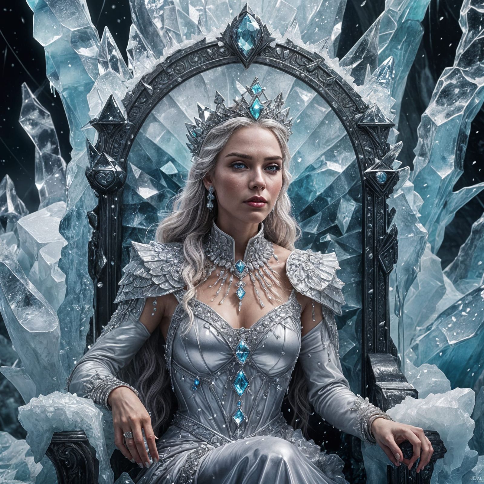 Hyperrealistic Ice Queen on Antarctic Glacier Throne