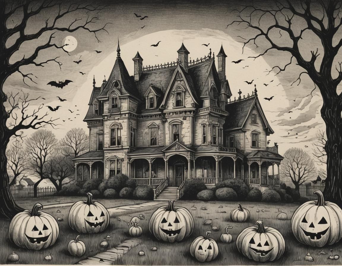 Spooky Halloween Postcard with Pumpkins and Ghosts