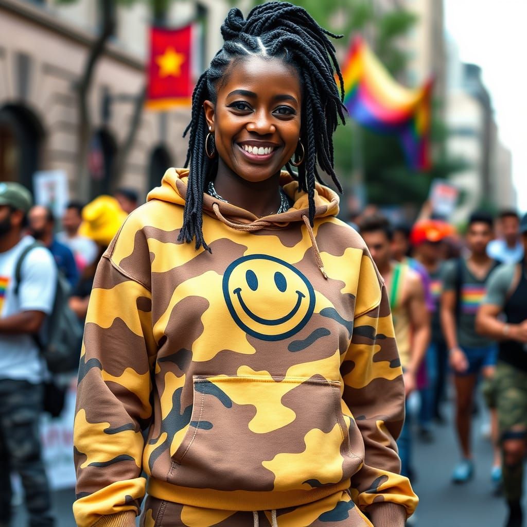 Smiling Woman in Camo Hoodie with Futuristic Jewelry