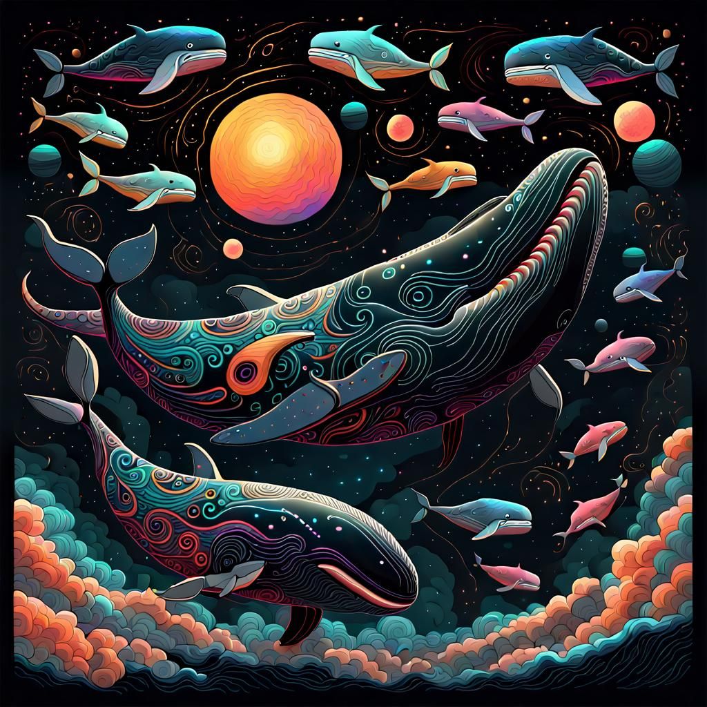 Cosmic Space Whales in Art Deco Style