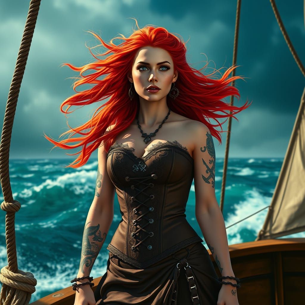 Red-Haired Pirate Queen on Deck in Photorealistic Style