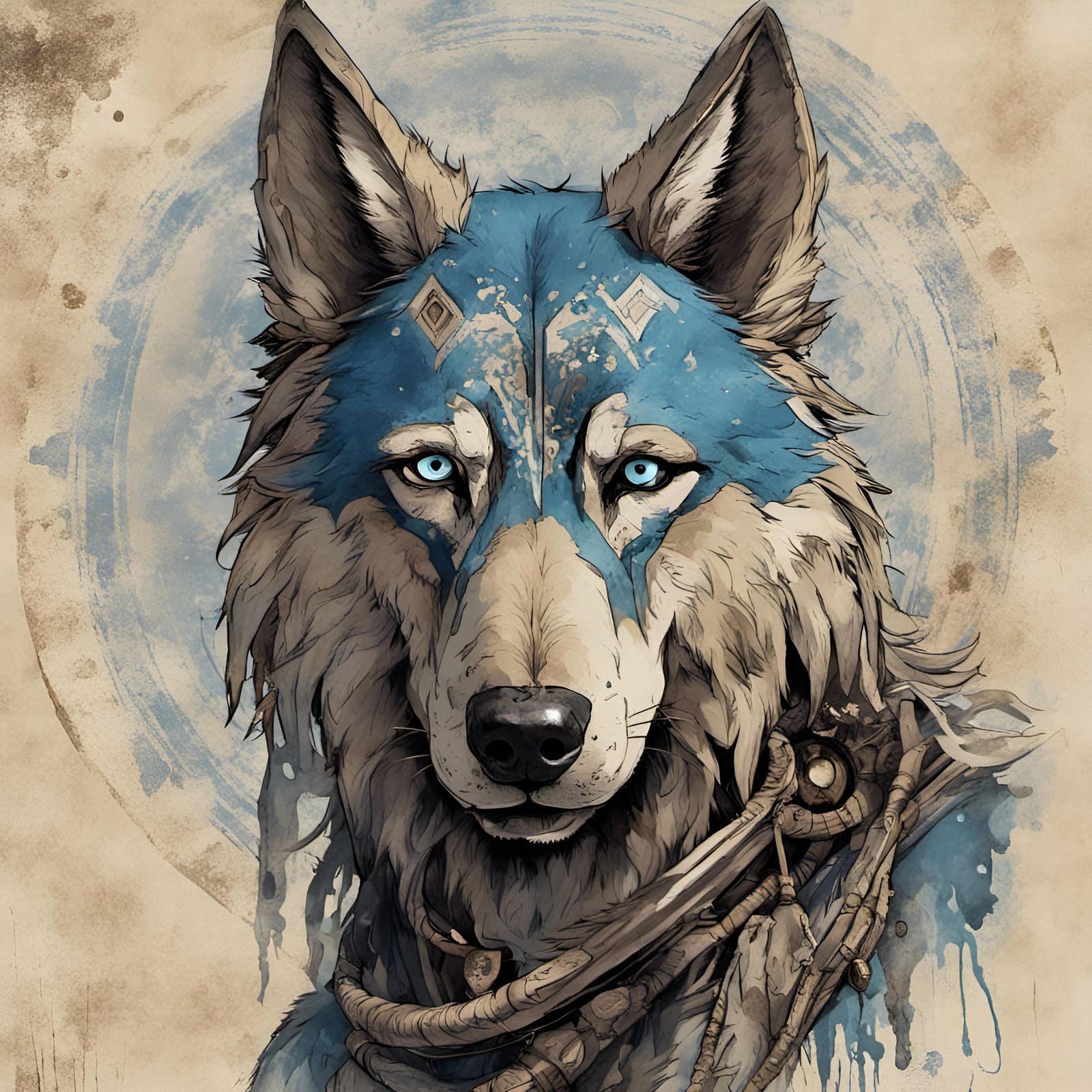 Bohemian Direwolf Spirit in Blue and Beige Tones