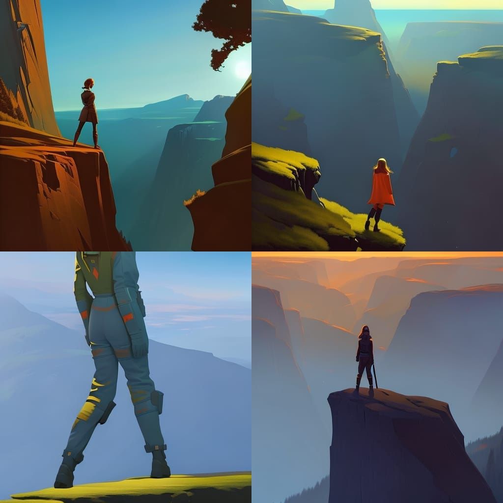 a painting of a girl in a flight suit standing on a cliff edge looking down at the forest, alien planet, concept art by ...