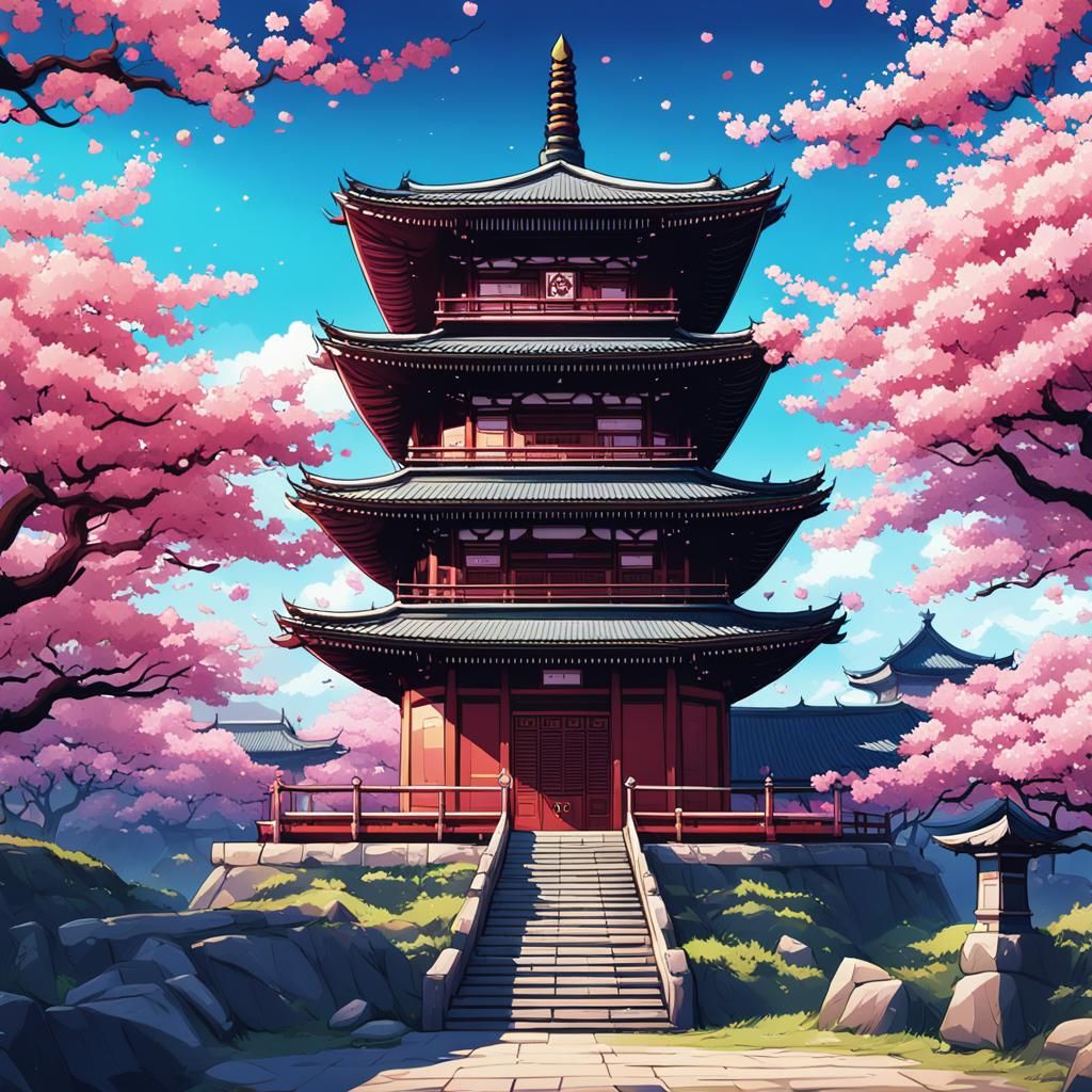 Pagoda in Cherry Blossoms: Anime Style