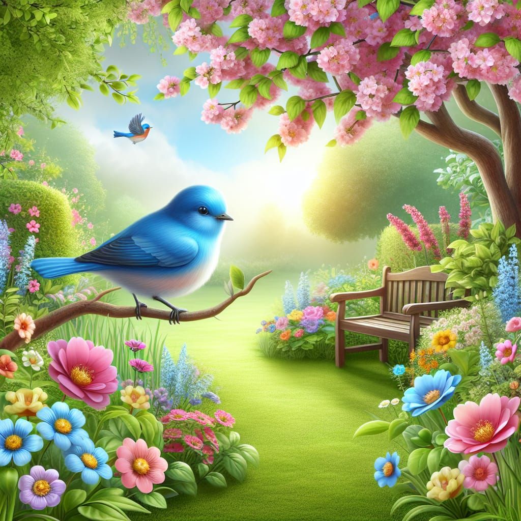 Bluebird in a Blooming Garden of Happiness