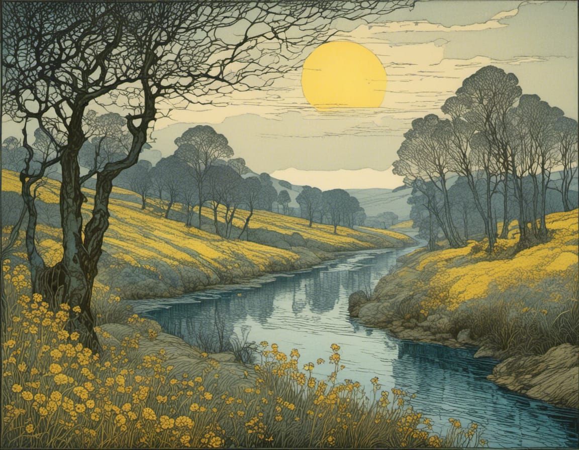 River Landscape in Carved Aesthetic Style