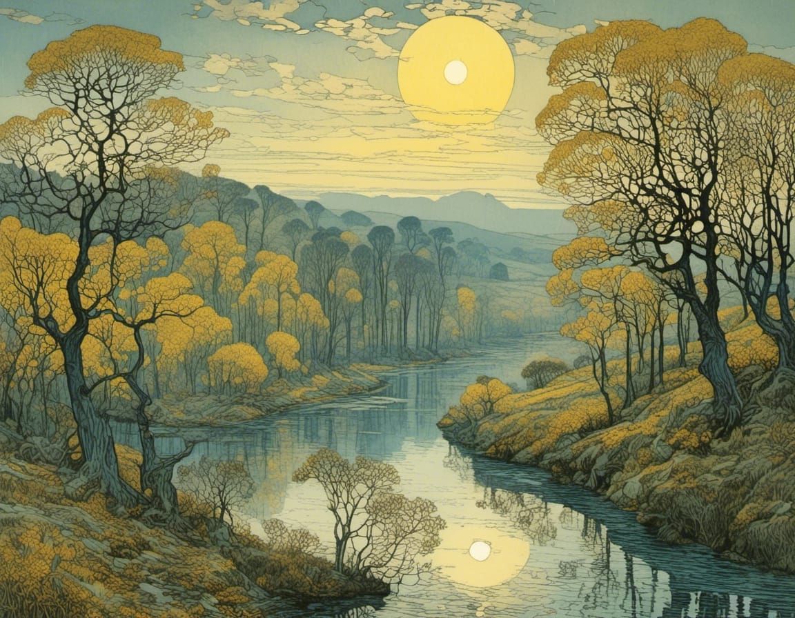 River Landscape in a Vibrant, Carved World Style