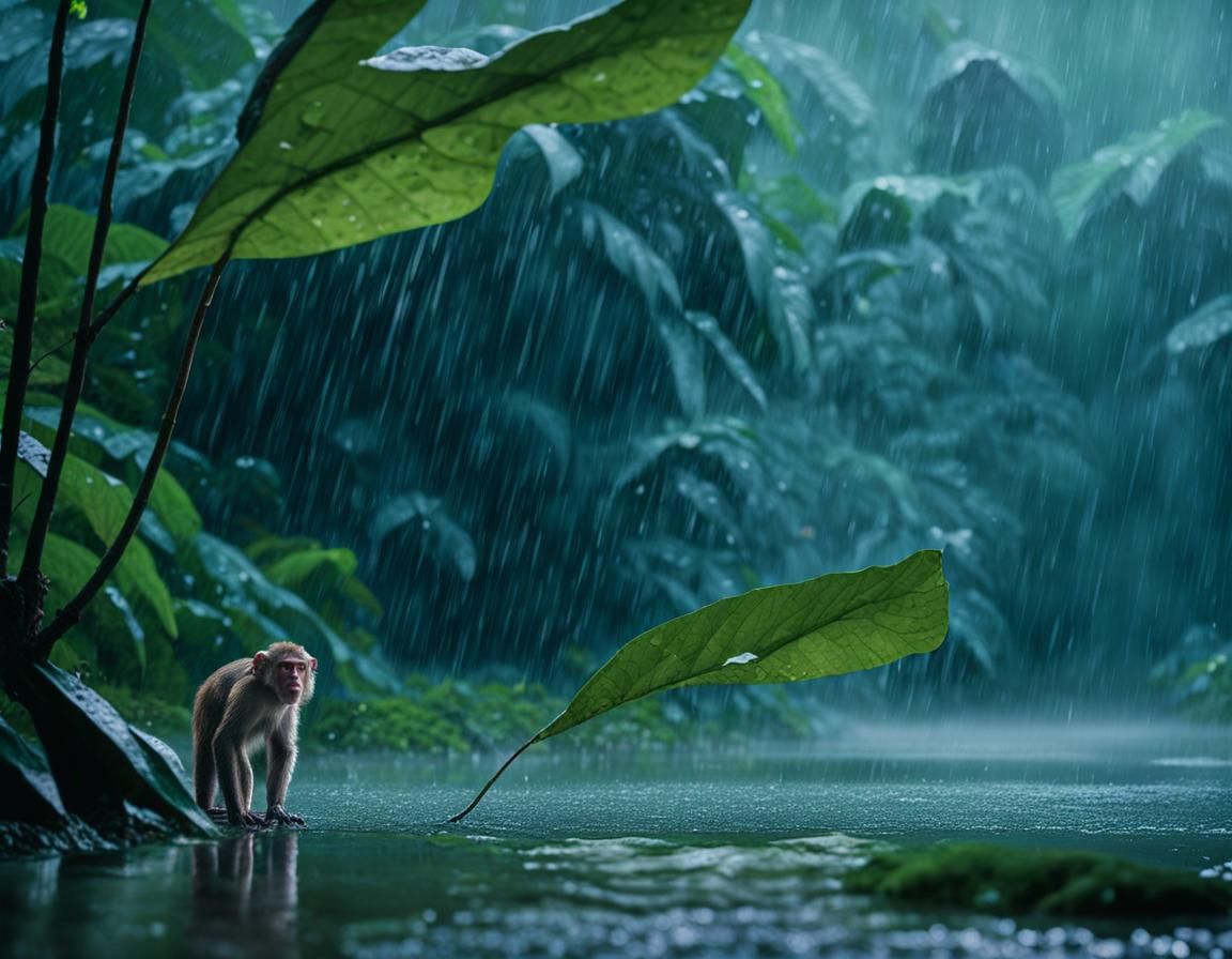 Macaques in Rainforest During Hard Rain