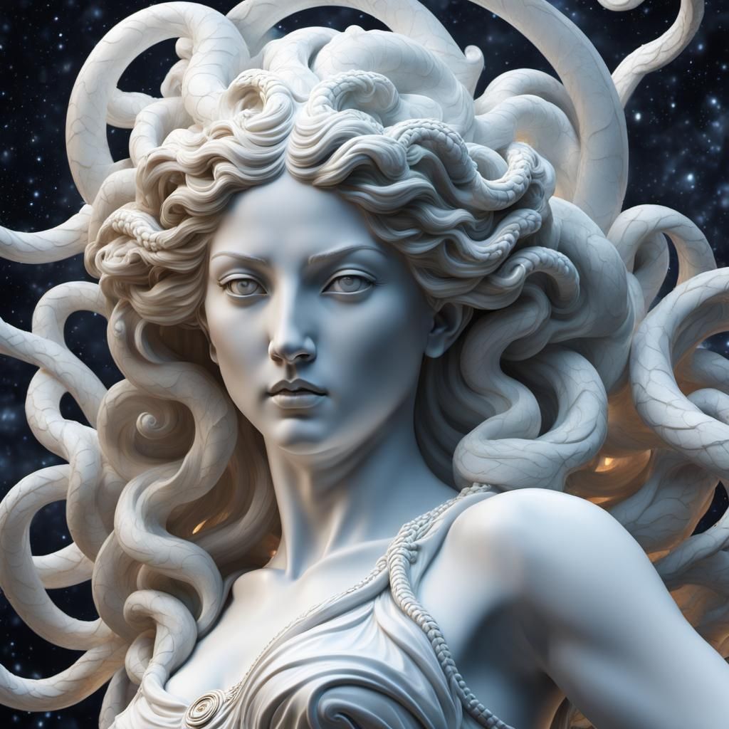 Hyper-Realistic White Marble Medusa Statue