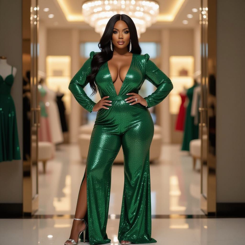 Glamorous Portrait of Jamaican Woman in Sequined Jumpsuit