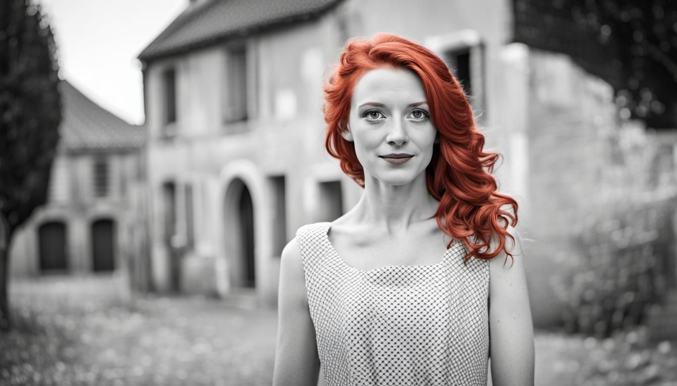 Woman with Red Hair in French Village - Black and White Phot...